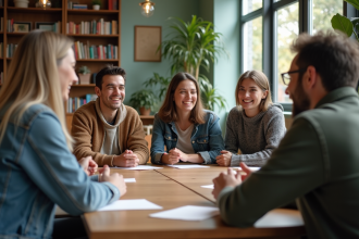 Groupe divers d'adultes discutant autour d'une table