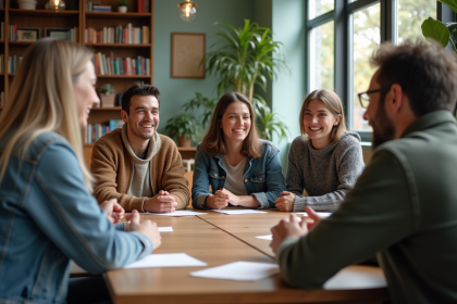 Groupe divers d'adultes discutant autour d'une table