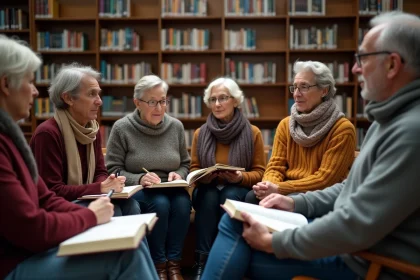 Groupe de personnes discutant dans une bibliothèque chaleureuse