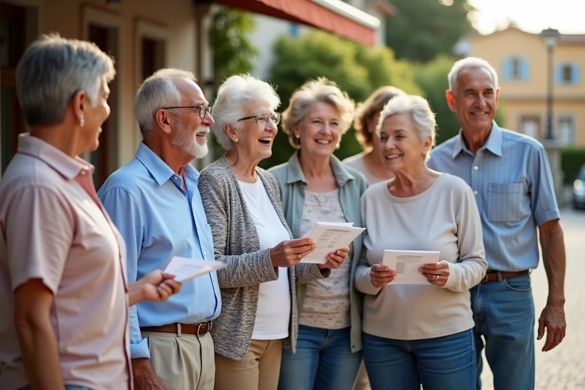 Groupe de seniors souriants avec flyers devant un centre à Nice