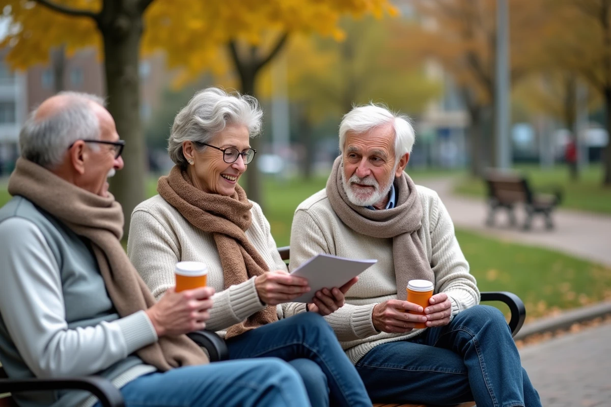 Groupe de seniors discutant de compléments en plein air
