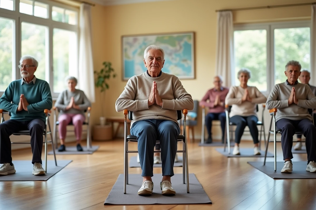 Groupe de seniors pratiquant le yoga en centre communautaire