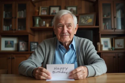 Homme de 70 ans souriant avec une carte d'anniversaire