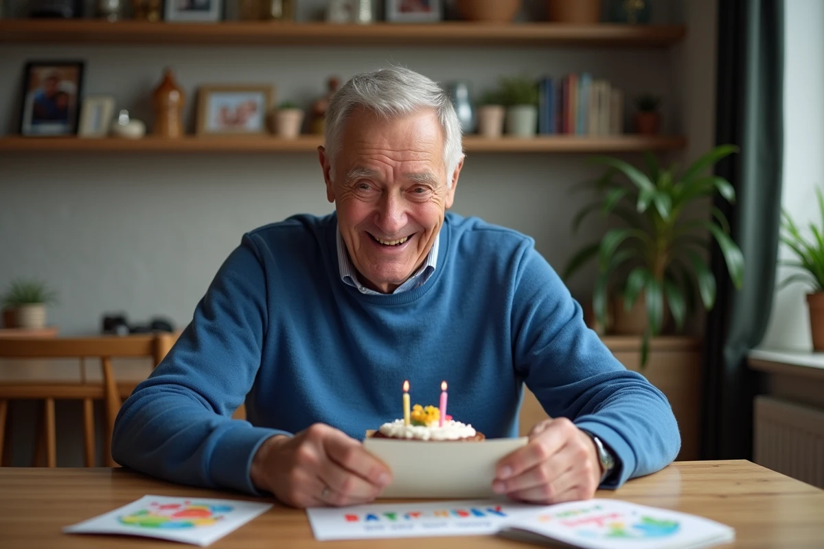 Homme de 70 ans souriant lisant une carte d anniversaire