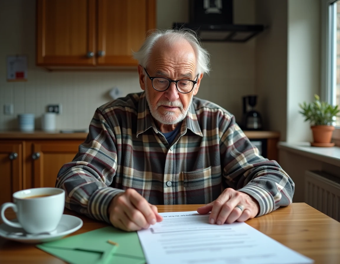 Homme âgé examinant seul des documents officiels relatifs aux aides et compléments liés à la dépendance GIR