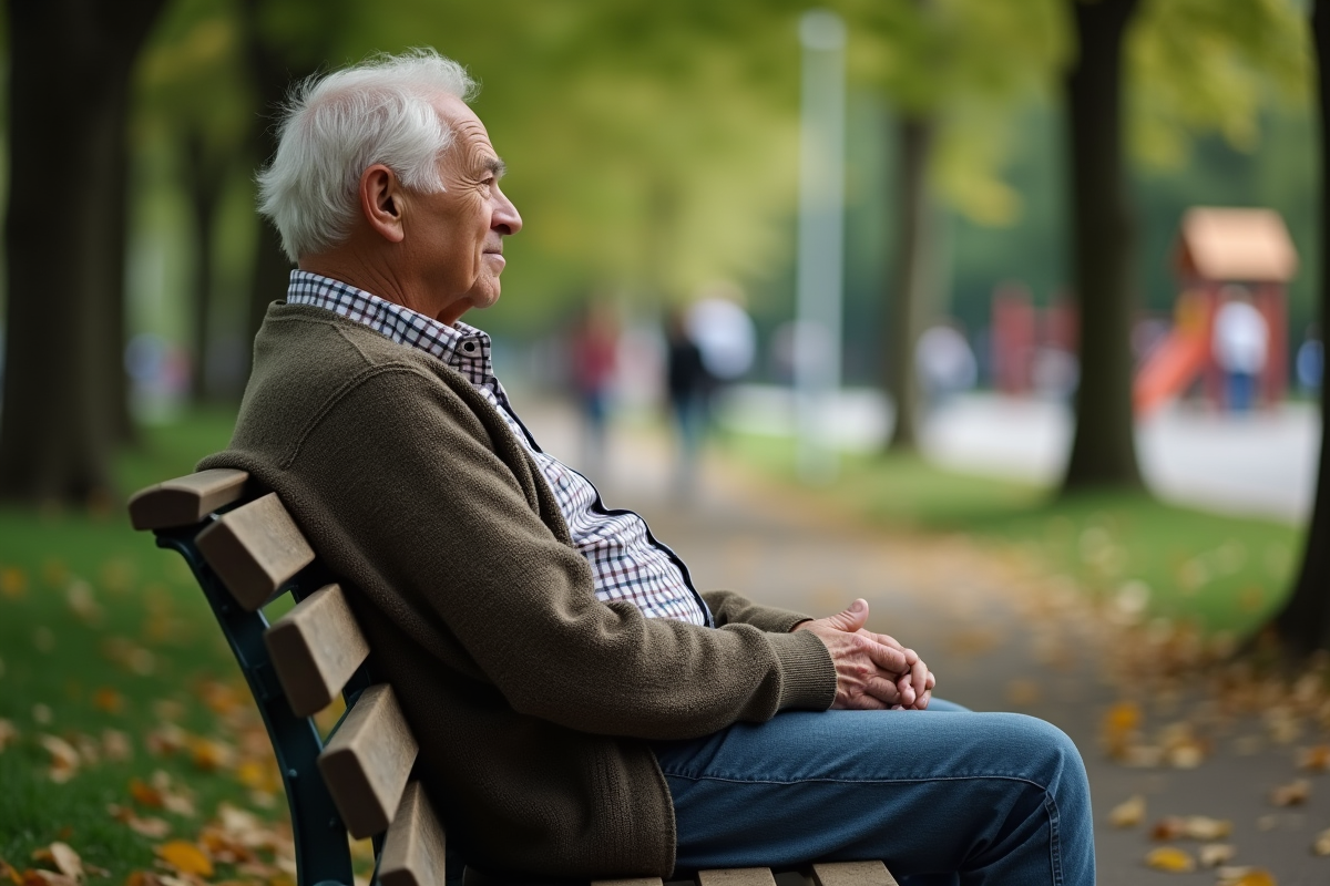 Homme agee assis dans un parc en contemplation