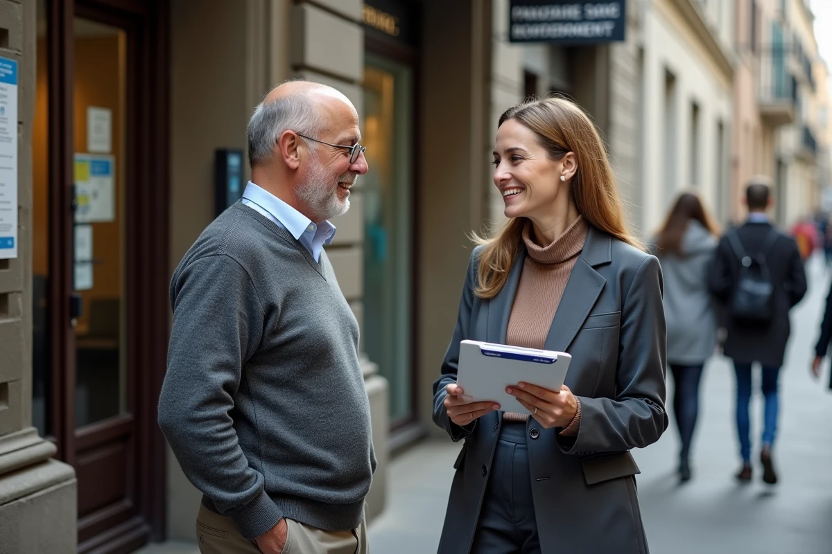 Homme discutant avec conseillère devant bureau emploi