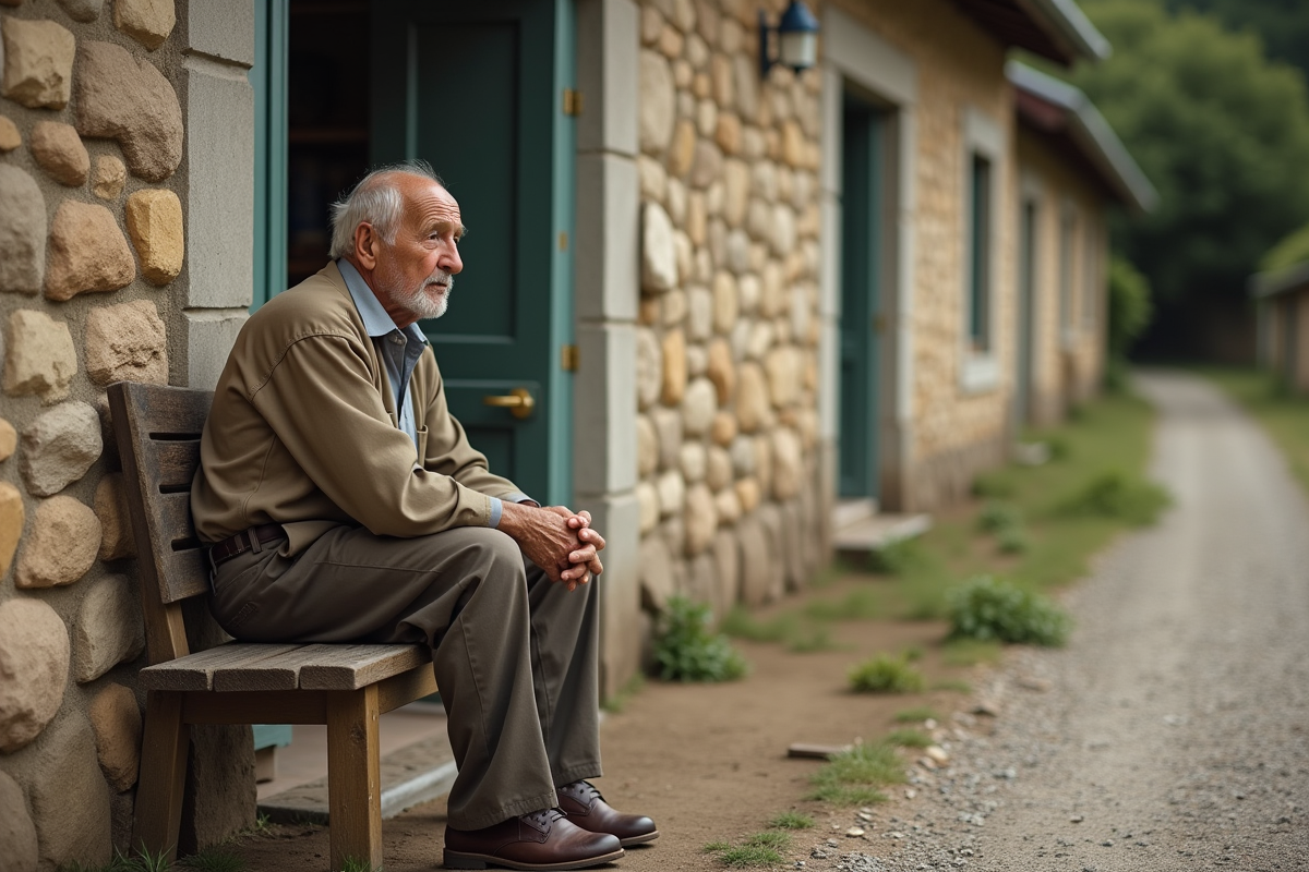 Homme âgé assis devant une clinique rurale en attente