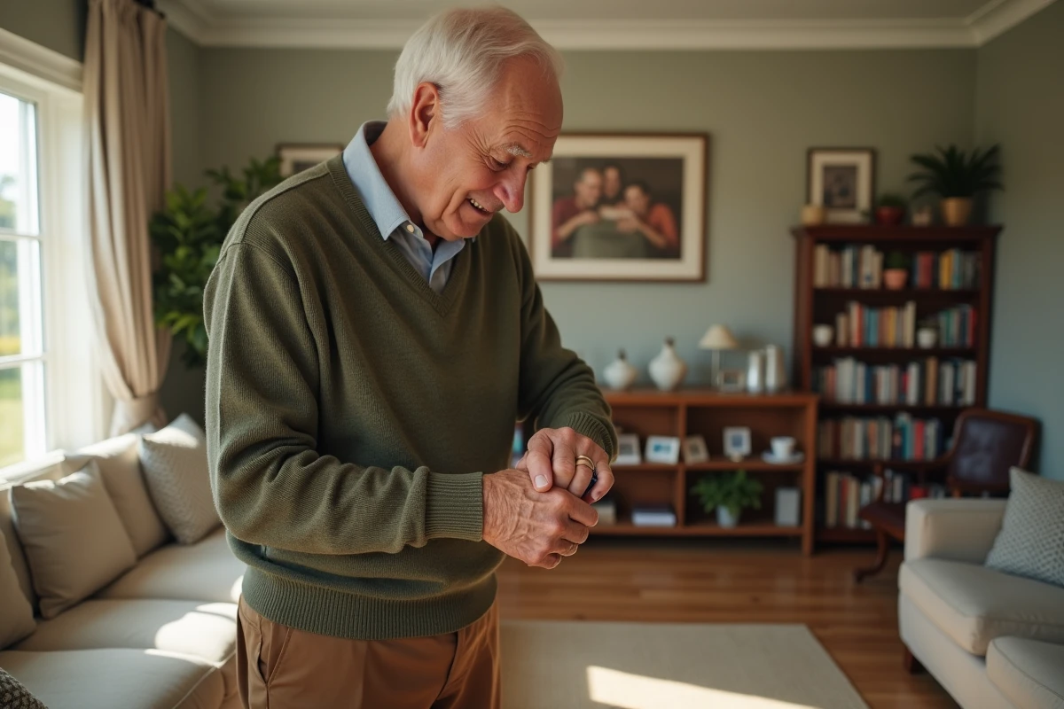 Homme agee ajustant bracelet d alarme dans le salon