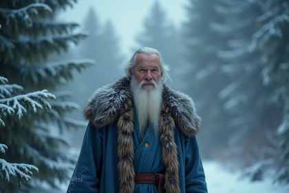 Homme age en robe bleue dans la foret enneigee