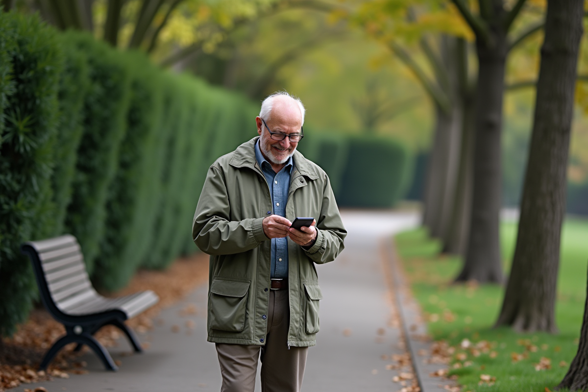 Homme âgé lisant son téléphone dans un parc verdoyant
