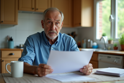 Homme de 58 ans lisant des papiers dans une cuisine moderne