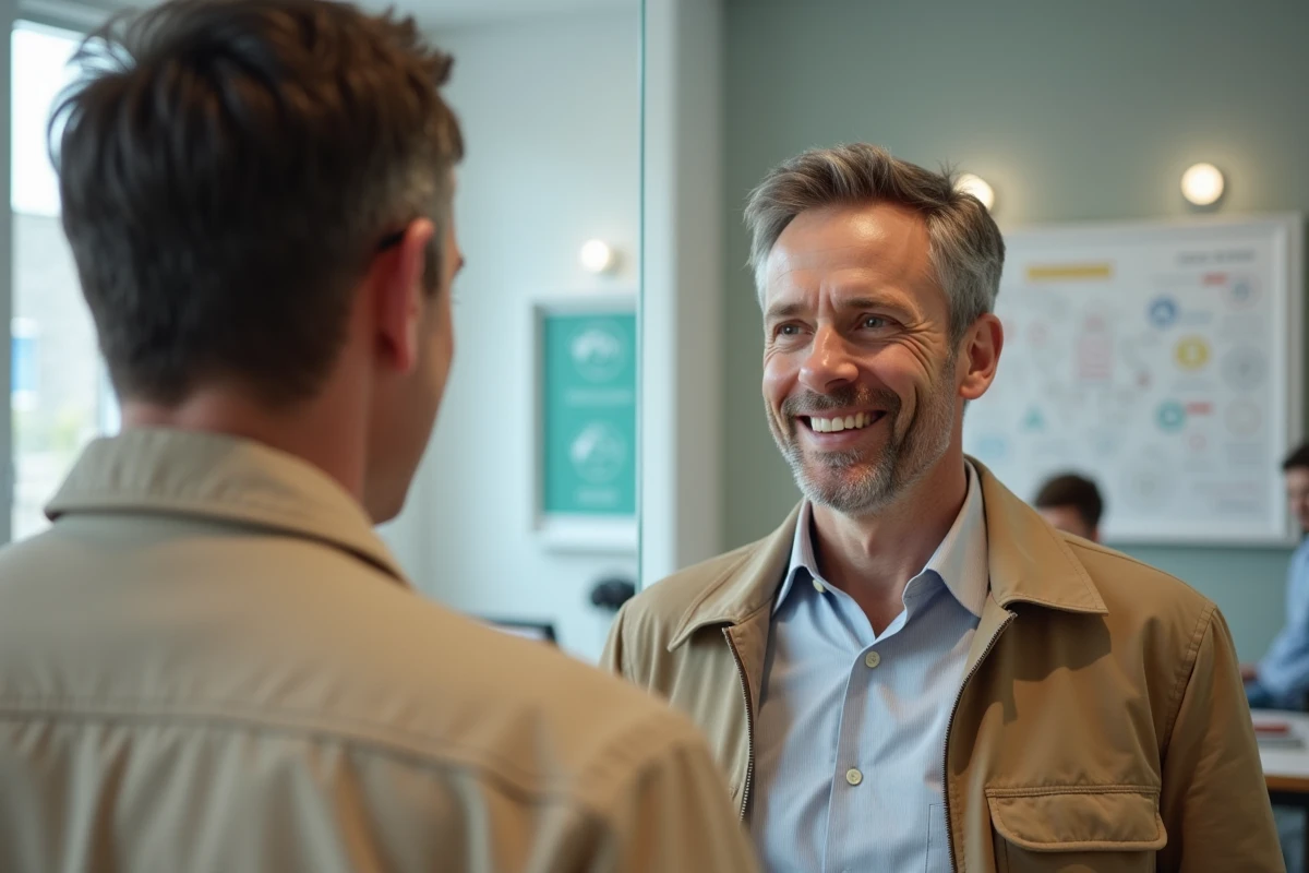 Homme moyen age souriant essayant un appareil auditif dans un centre