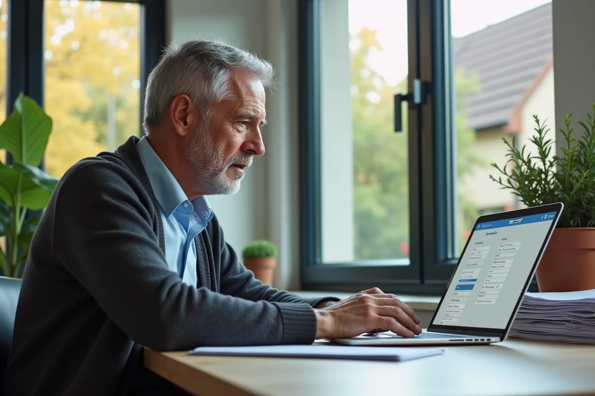 Homme d âge utilisant un ordinateur pour calculer sa pension dans un bureau moderne