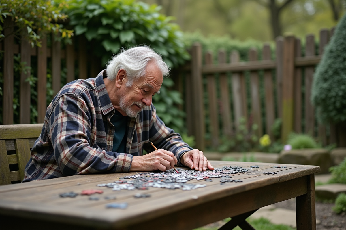 Homme âgé résolvant un puzzle dans un jardin calme