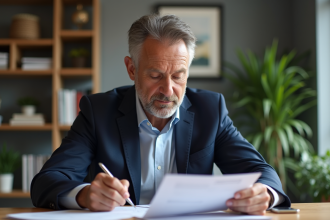 Homme en costume regardant des documents de retraite dans un bureau moderne