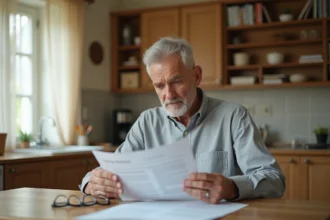 Homme à la retraite consultant ses documents de pension Agirc-Arrco à domicile