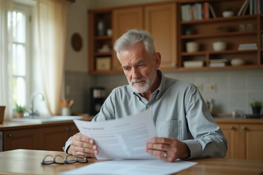 Homme à la retraite consultant ses documents de pension Agirc-Arrco à domicile