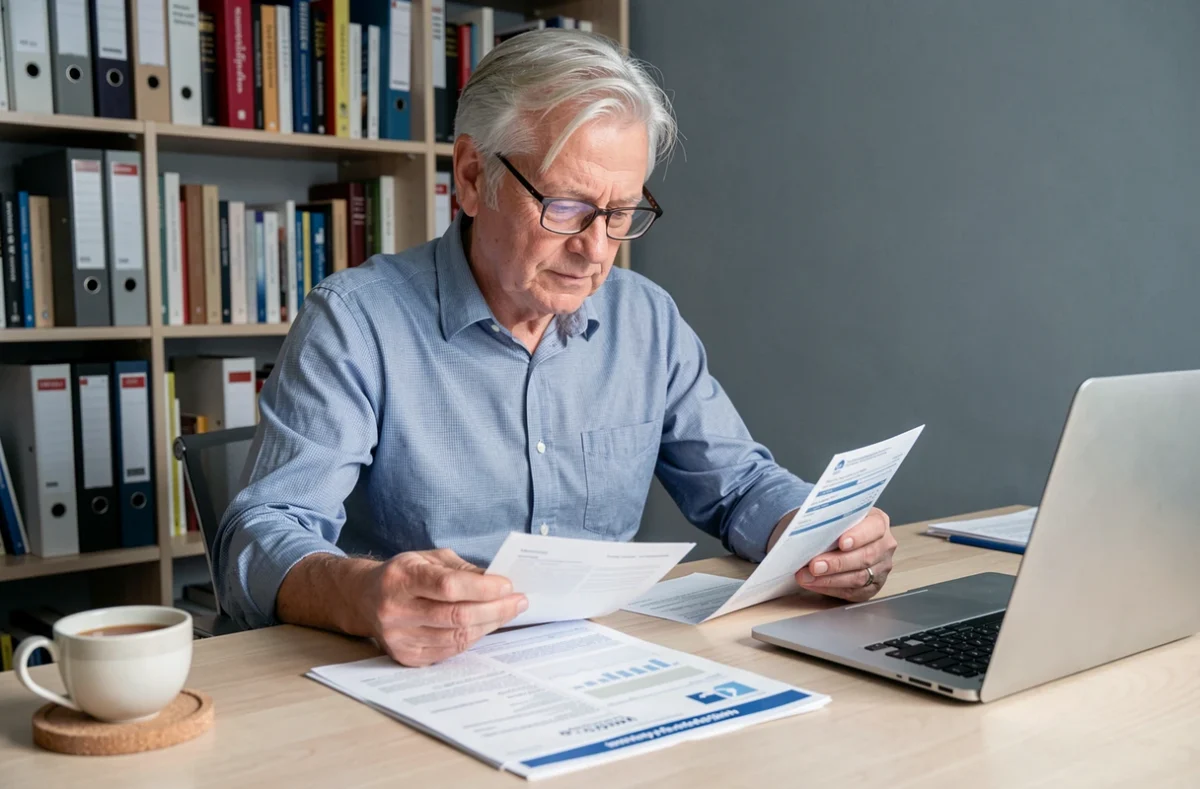 Homme retraité vérifiant les points Agirc-Arrco sur ses documents de pension dans un bureau à domicile
