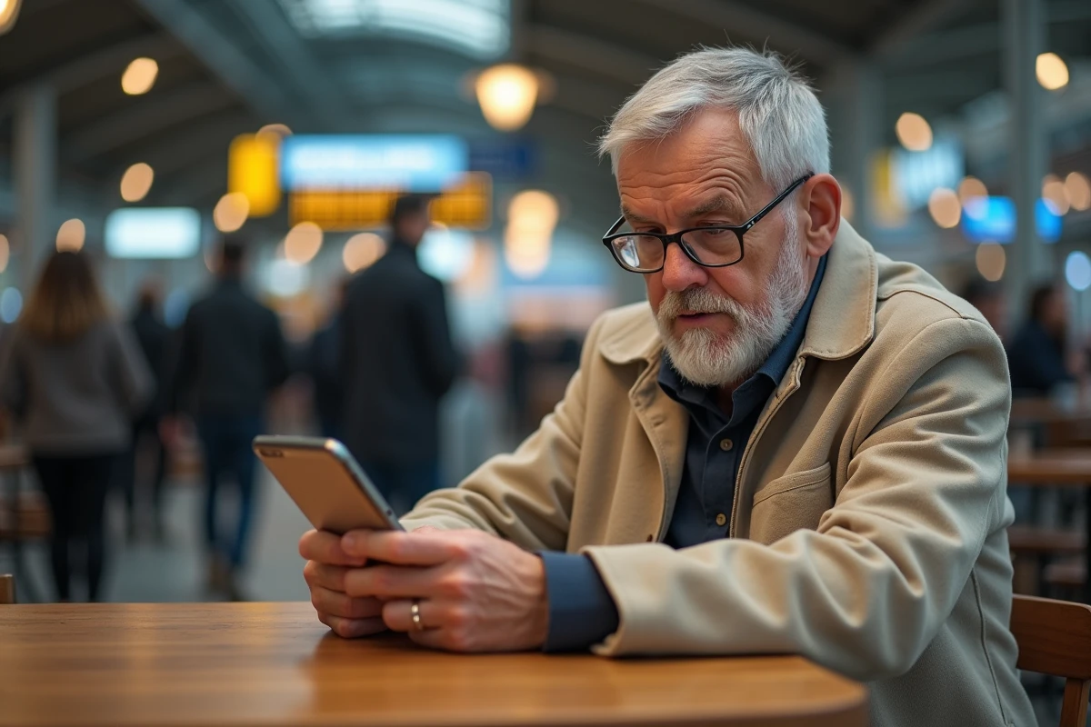 Homme senior consultant l'application SNCF Connect sur smartphone attablé dans un café de gare