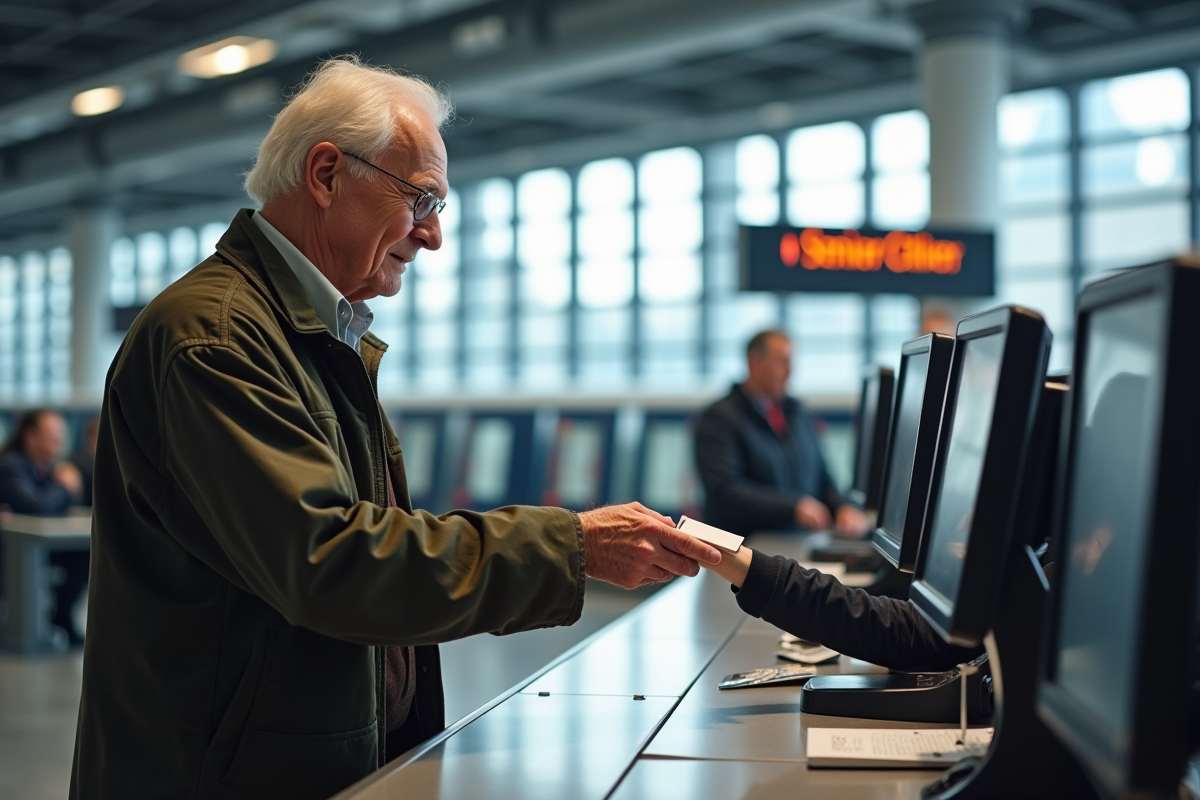 Homme senior montrant sa carte de réduction dans une gare