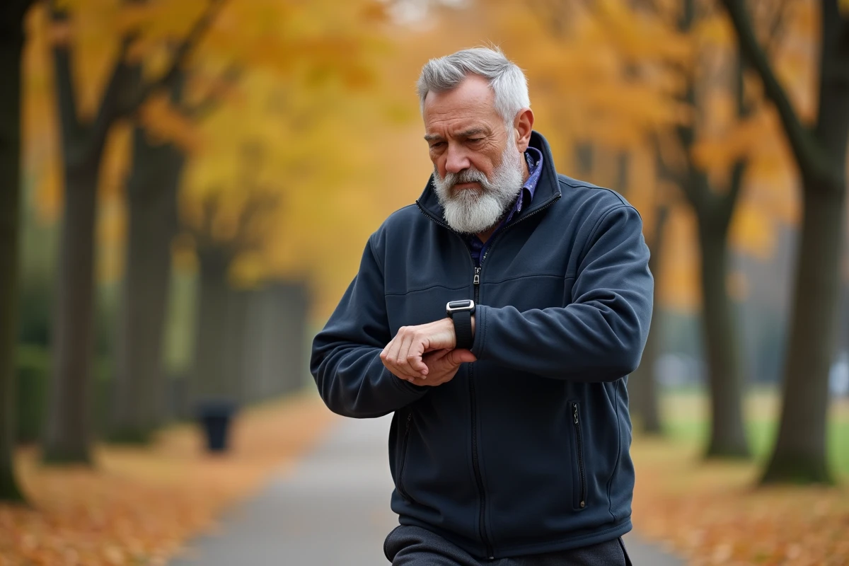 Homme senior actif consultant sa montre connectée lors d'une promenade en parc en automne