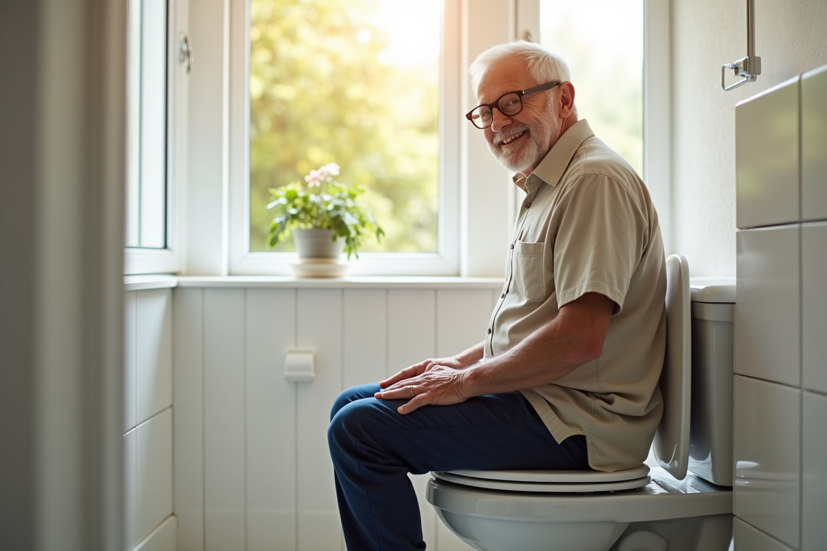 Homme senior souriant utilisant une toilette surélevée dans une salle lumineuse