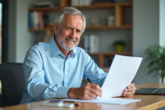 Homme signant une lettre de retraite dans un bureau moderne