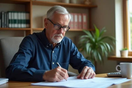Homme de 58 ans consultant des documents de simulation de retraite à son bureau à domicile