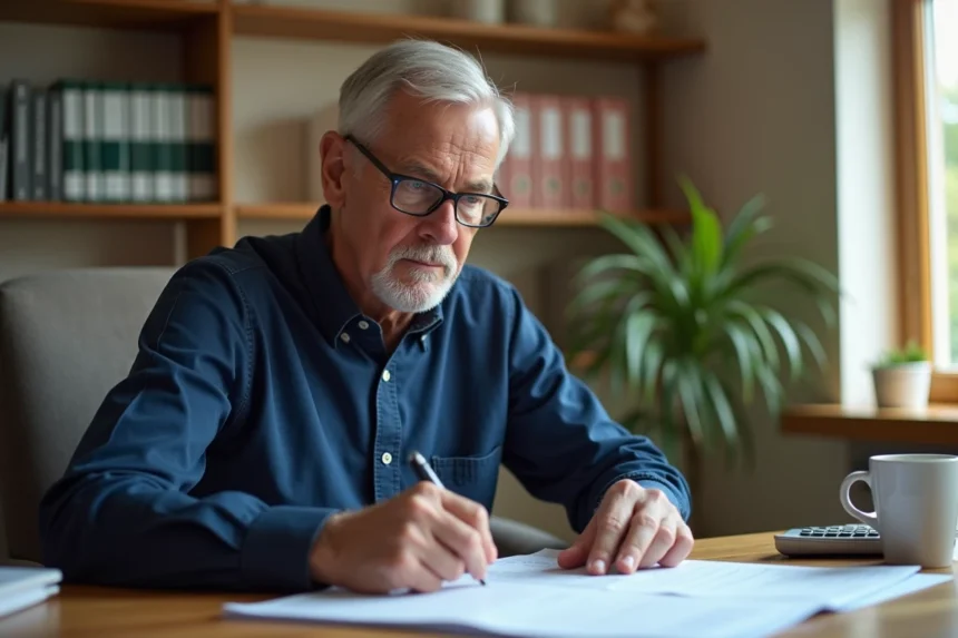 Homme de 58 ans consultant des documents de simulation de retraite à son bureau à domicile