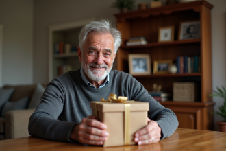 Homme âgé surpris en déballant un cadeau dans un salon chaleureux