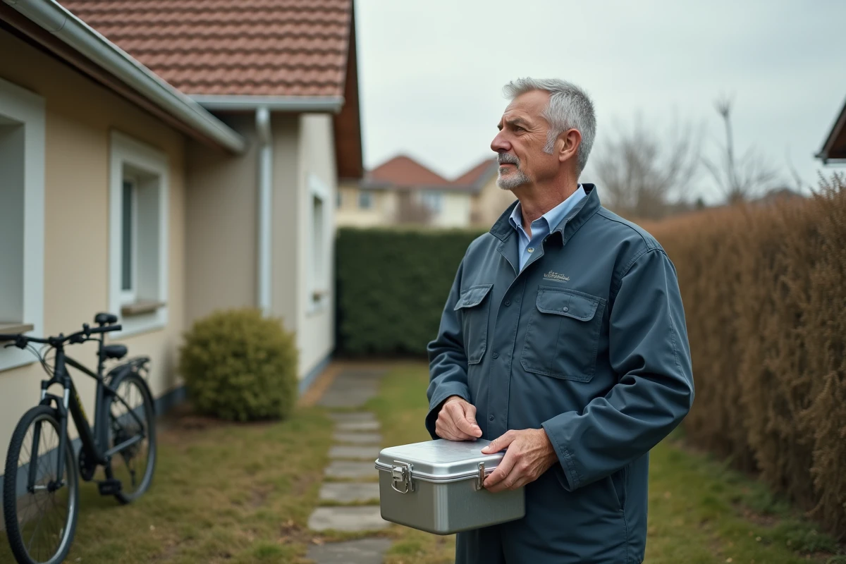 Homme en uniforme regardant la maison de banlieue en réfléchissant