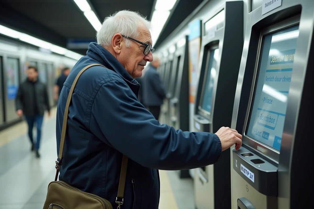 Homme senior utilisant une machine à ticket dans une station RATP