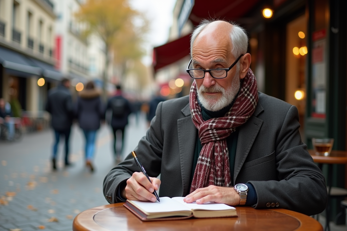 Homme âgé prenant des notes dans un café en ville
