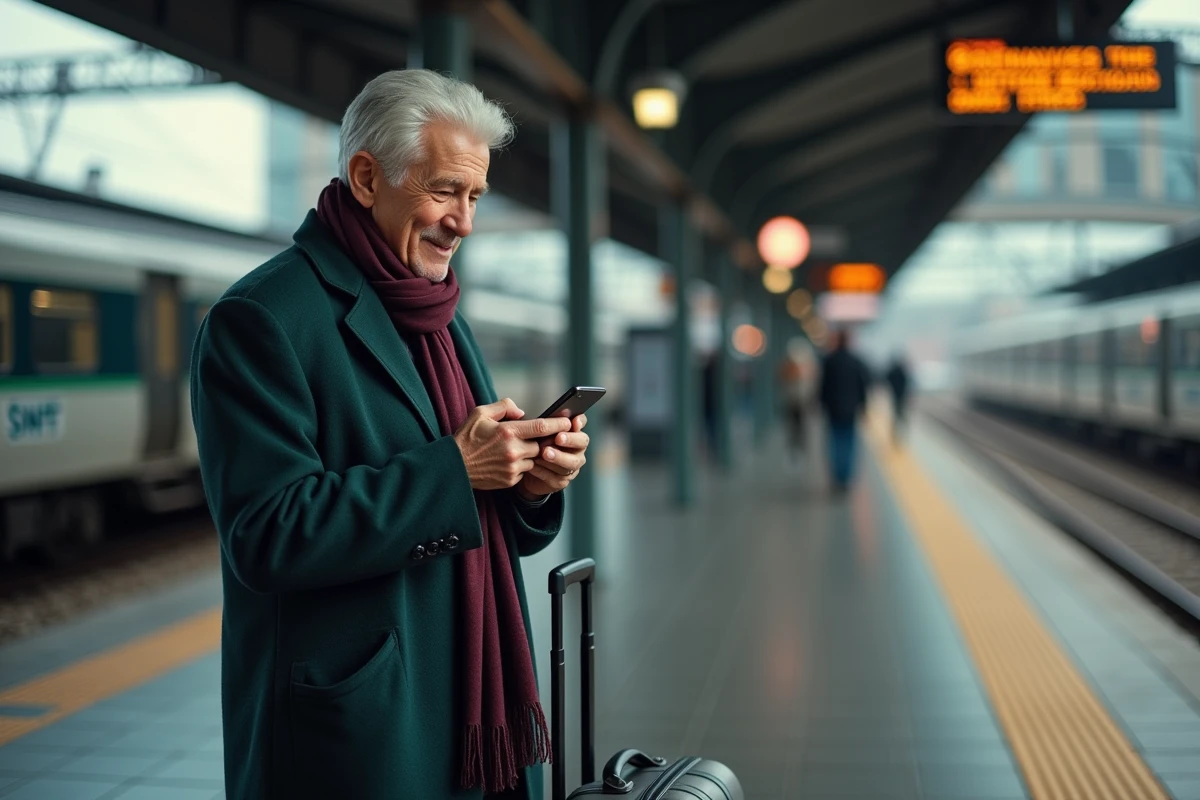 Homme âgé regardant son smartphone à la gare