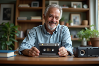 Homme d'âge moyen dans un bureau cosy inspectant un lecteur cassette vintage