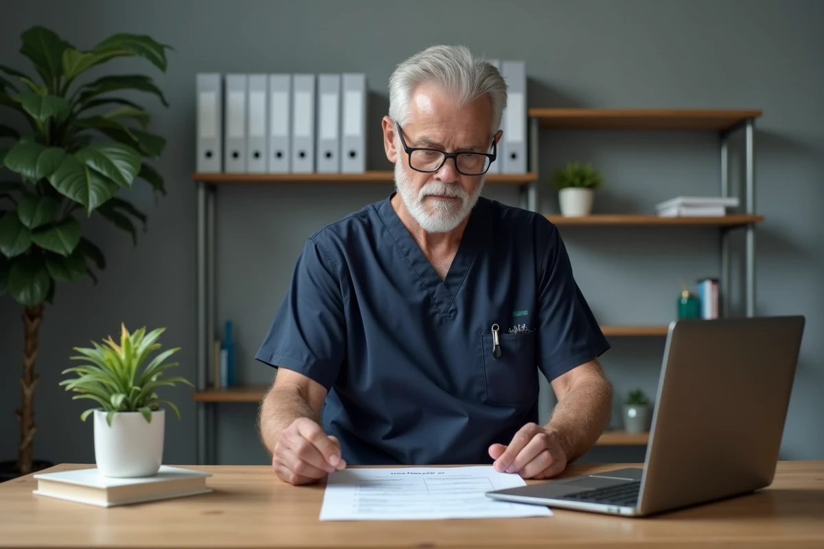 Infirmier gériatrique consultant une check-list PDF du test de Tinetti sur un bureau médical avant d'évaluer un patient