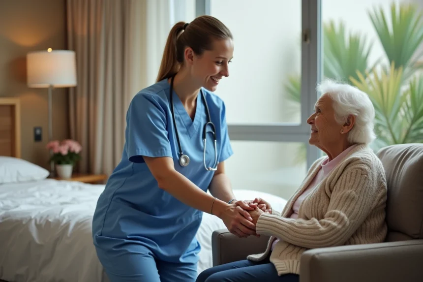Infirmière en EHPAD tenant la main d'une résidente âgée dans une chambre moderne et chaleureuse
