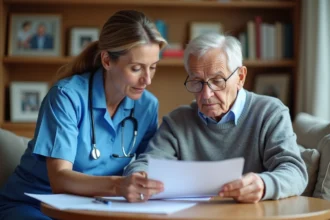Infirmière gériatrique aidant un senior dans un salon chaleureux