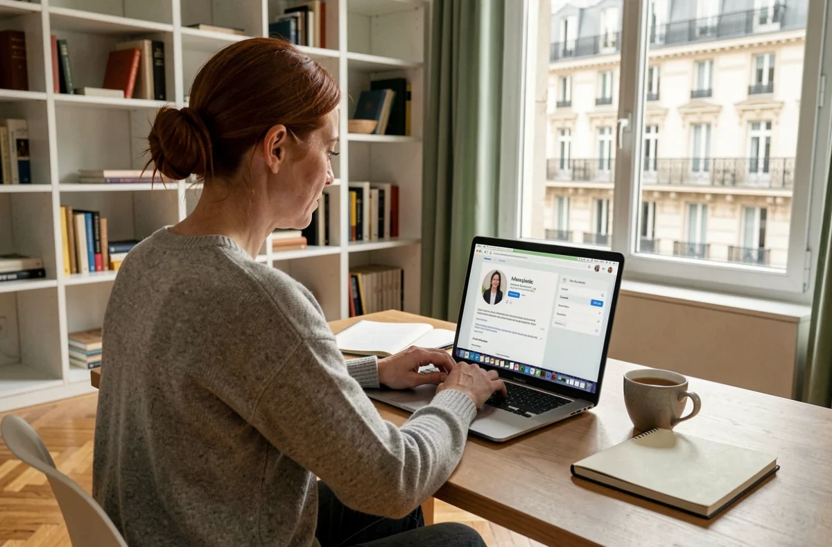 Une femme s'inscrit sur une plateforme de rencontres Quintonic depuis son appartement à Lyon