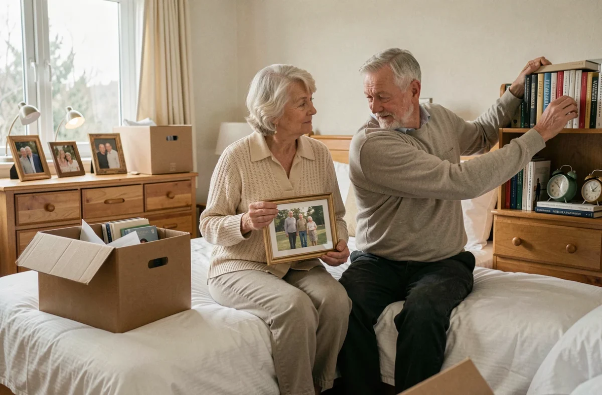 Un couple de personnes âgées installe ses affaires personnelles dans la chambre d'une maison de retraite pour se sentir chez soi