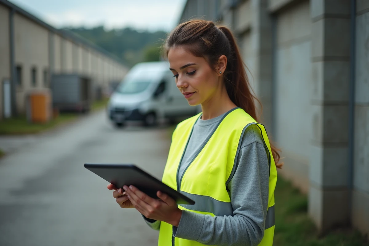 Intervenante terrain paramétrant LogisFil sur une tablette Android en zone industrielle urbaine