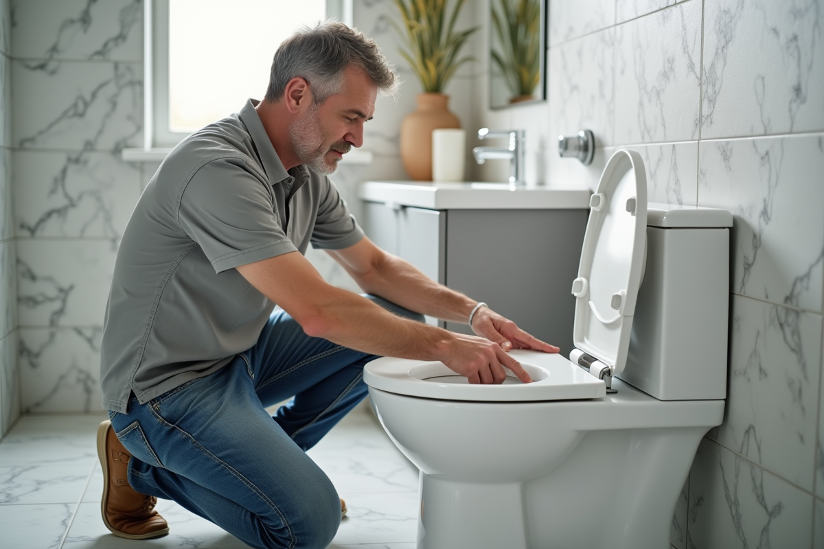 Homme moyen âge installe un riser de toilette blanc dans une salle de bain moderne