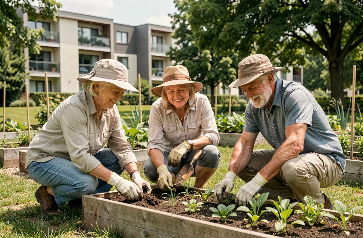 Résidents seniors travaillant dans les jardins partagés de la résidence Les Jardins d'Arcadie de Nantes La Gaudinière