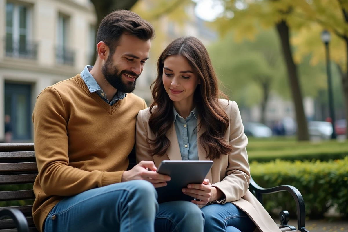 Jeune couple français regardant une tablette dans un parc