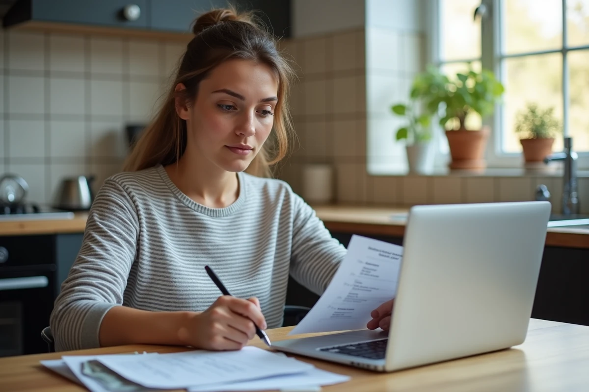 Jeune femme en situation de handicap calculant son cumul AAH et revenu salarial sur ordinateur dans sa cuisine