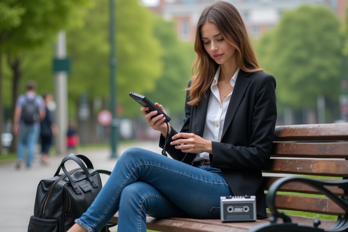Jeune femme assise sur un banc de parc avec un dictaphone numérique