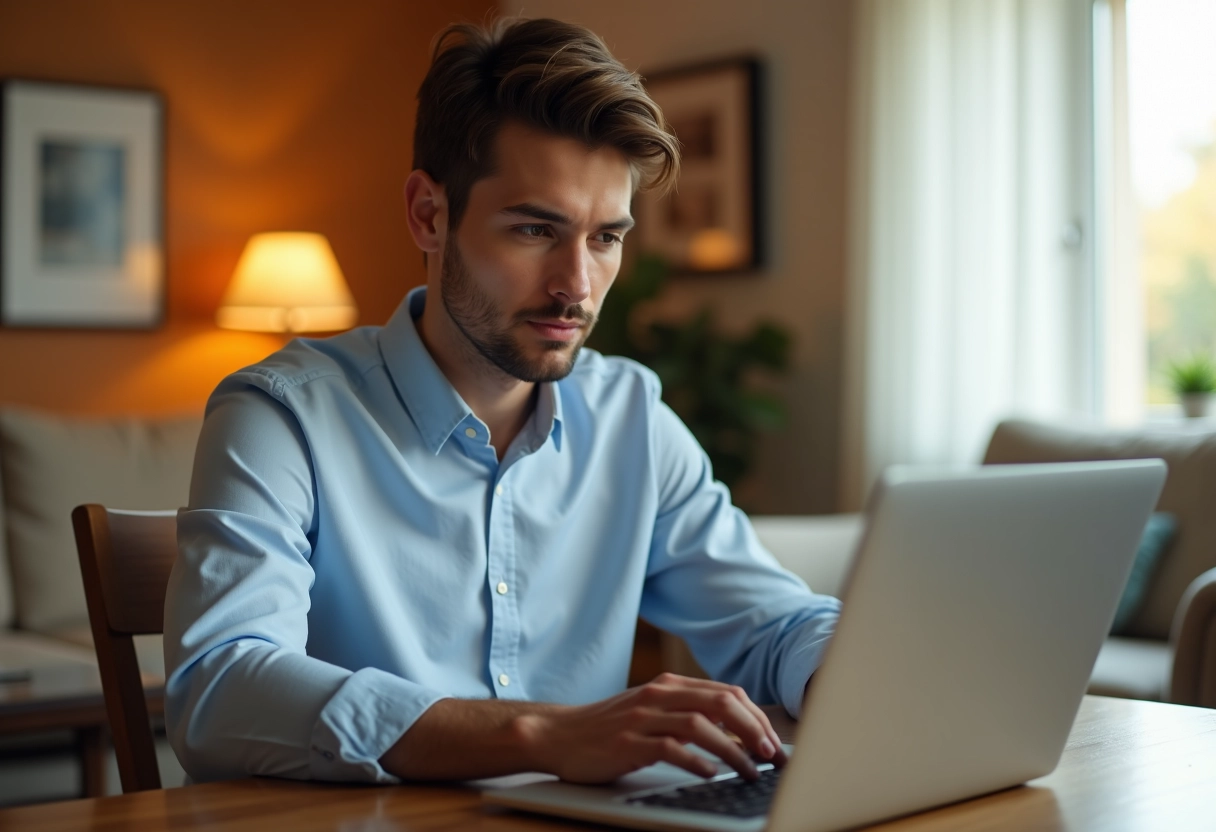 Jeune homme tapant une lettre de motivation à la maison