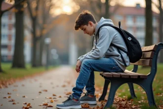 Adolescent assis sur un banc avec un GPS visible