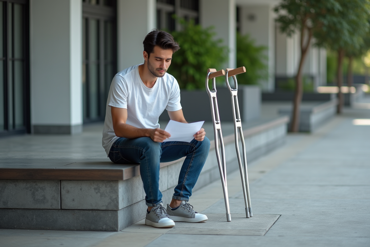 Jeune homme assis dehors avec béquilles et ordonnance